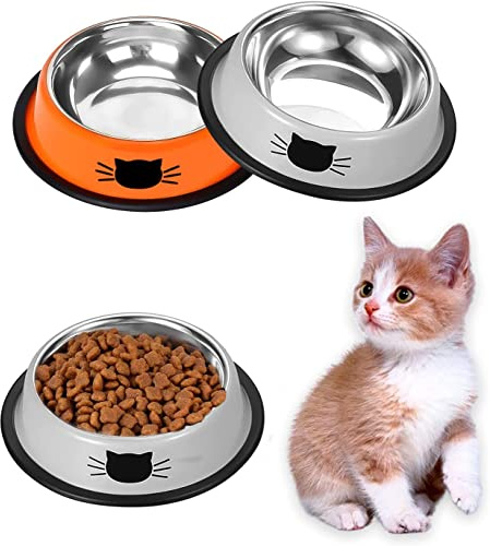 Ctop 2 Piece Cat Food Bowls,Cat Bowls, Cat Protection Set,Dog Bowls.Non-Slip Stainless Steel Cat Bowl, Water Bowl, Cat Bowl, Cat Bowls and Drinking for Pets, Gray Red