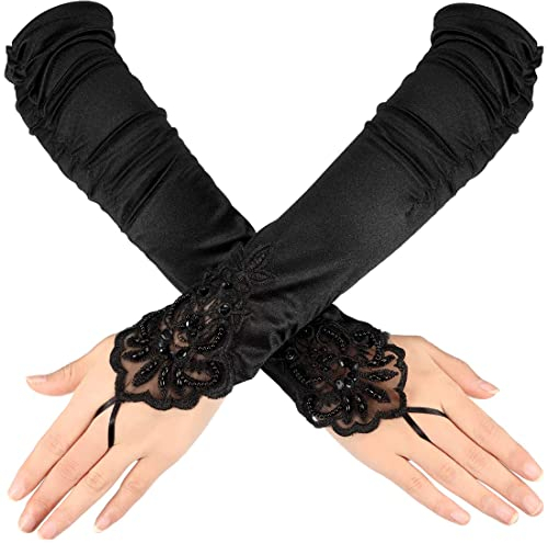 Androxeda Opera 1920er Jahre Flapper Handschuhe - Spitze Ellbogenlange Fingerlose Kostüm Handschuhe für Frauen und Mädchen, Schwarz, ca. 32 cm/ 12,6 Zoll