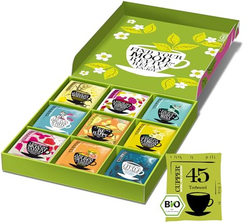 Cupper Bio Tee Geschenkset, Tee Set, Geschenkidee, Bunte Teebox mit 9 verschiedenen Sorten, Kollektion ausgewählter Kräuter- und Früchtetees (1 Box, 45 Teebeutel)