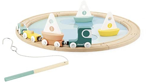 Janod - Circuito Barchette Bolid in Legno FSC e Cartone - Giocattolo Prima Infanzia - 1 Circuito + Puzzle 4 Pezzi + 8 Accessori - dai 2 Anni, J04629