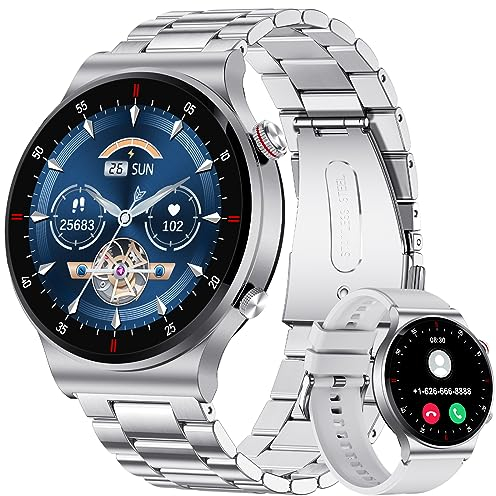 Smartwatch män med telefonfunktion, 1,43 tum AMOLED Smart Watch med puls sömnmonitor SpO2-avisering 100+ sportlägen, vattentät fitness tracker kalorier stegräknare Android iOS, silver
