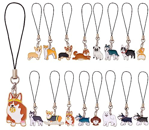 BEEFLYING 16 piezas abalorios de perro para teléfono móvil, abalorios Kawaii para teléfono móvil, bonitos colgantes colgantes, decoración para mochila, cartera, llavero, accesorios