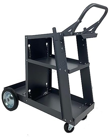 SwitZer Heavy Duty 3-Tier Trolley Welding Cart With Chains Handle Push 80KG Load MIG TIG Welders Plasma Cutter Welder Trolley ARC Gas Bottles Storage Shelf Grey