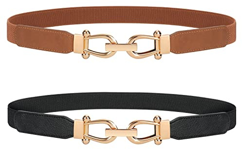LEACOOLKEY 2 Pieces Women Skinny Elastic Belt for Dresses,Thin Retro Stretch Waist Belt with Golden Buckle （Black+Brown，Fits waist size 27-33）