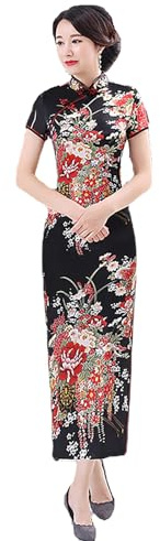 Chinese Style Dress Improves Cheongsam Temperament, Retro Long Silk Printed Daily Banquet Women's Performance Clothing (Black,Large)