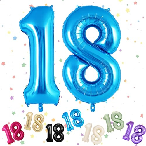 Ballons Anniversaire 18 Bleu, Foil Ballon Numéro Chiffre 18, 101cm Bleu Hélium Ballon 18. Anniversaire, Décoration Ballons 18 Ans pour Homme femme Anniversaires Fête Deco, Gonflable Hélium