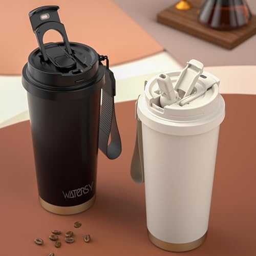 WATERSY Kaffeebecher to go, Flip Straw Thermobecher Edelsthal 530ml mit Strohhalm, Doppelwand Isoliert Travel Mug mit Deckel Auslaufsicher, Schwarz