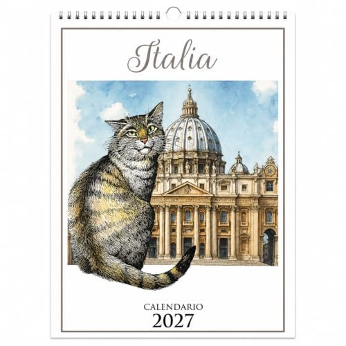 AIMA Väggkalender 2026, 31 x 33 cm – 12 månaders spiralväggkalender – med katter och monument Rom - 2026 kalender med katt - med 1 magnet och 1 gratis anteckningsblock - Sankt Peterskatt