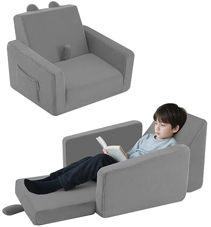 MeMoreCool Ausklappbares Kindersofa aus Plüsch, Bequemes Klappbarer Kinderstuhl-Couch, Umwandelbares Kinderschlafsofa, Baby-Relaxsessel für Kleinkinder von 1–4 Jahren, Mädchen und Jungen, Grau
