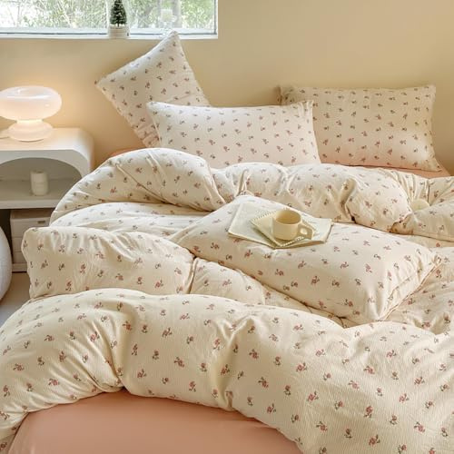 Juego de ropa de cama de 135 x 200 cm, color rosa y blanco, diseño de flores pequeñas y grandes con motivos botánicos y patrón de prado floral, de microfibra lavada, funda nórdica con cremallera y