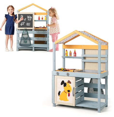 COSTWAY Cuisine Enfant Double Face avec Tableau Noir & 12 Accessoires, Jeu de Cuisine Extérieure Enfant en Bois avec Auvent à Motif & BBQ & Évier Amovible, Épicerie pour Enfant de 3 Ans+