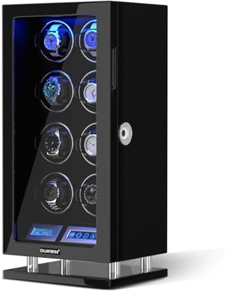 DUKWIN Watch Winder for 12 Automatic Watches, Fingerprint Lock Watch Winders with LCD Touchscreen, Blue LED Light, Remote Control,Adjustable Pillow and Quiet Motor for Universal Watches, 5TPD