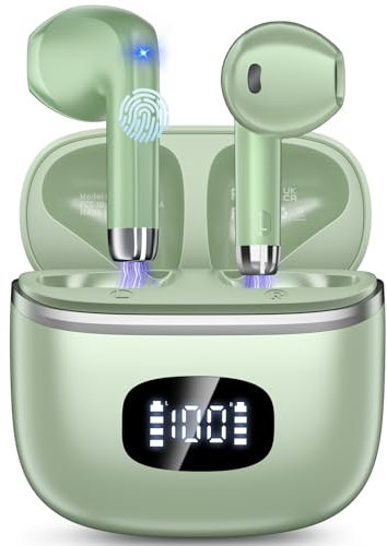 Cuffie Bluetooth, Auricolari Bluetooth 5.3 Stereo HiFi con 4 ENC Mic, 40 Ore Sport Cuffie Wireless IP7 Impermeabili con LED Display, Touch Control Cuffiette per Androide iOS, Ricarica Rapida Verde