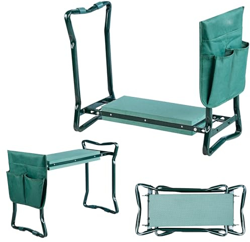 PEILU Sgabello da giardino pieghevole 2 in 1 per lavori di giardinaggio, fino a 150 kg, pieghevole, con protezione per ginocchia, cuscino in schiuma e borsa per attrezzi, per giardinaggio e lavoro