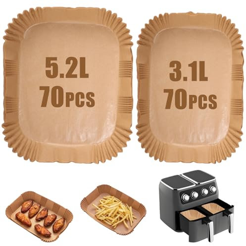140Pcs Papier Cuisson Air Fryer pour Philips Dual Basket Airfryer Série 3000, Moule Air Fryer pour Moulinex EZ901820 5,2L/3,1 L, Tefal EY9018 Dual Easy Fry 5,2/3,1 L (70pcs + 70pcs)