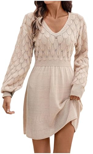 GMQWRK Robes pull à col en V pour femmes UK - Décontractées avec motif ajouré en crochet - Tricot - Pullover - Élégantes robes en maille - Sweat-shirt en tricot - Robe légère à manches longues et