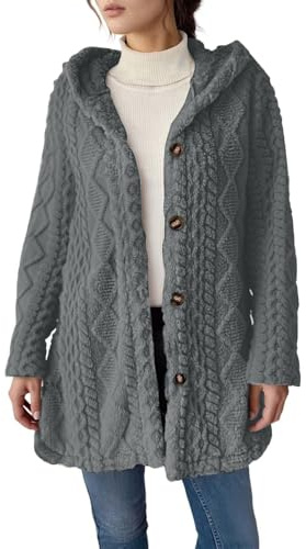 Hoodies for Women UK Ladies Long Sleeve Button Front Fluffy Coats Winter Warm Plush Thick Hooded Cardigan Plus Size Casual Lightweight Loose Fit Plus Size Fuzzy Hoody Jacket Outdoor Hiking