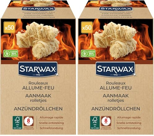 STARWAX- Rollos Encendedores para Barbacoa, Chimenea y Estufa - Composición Natural - Encendido rápido - Limpio y sin Olor x50 (Paquete de 2)