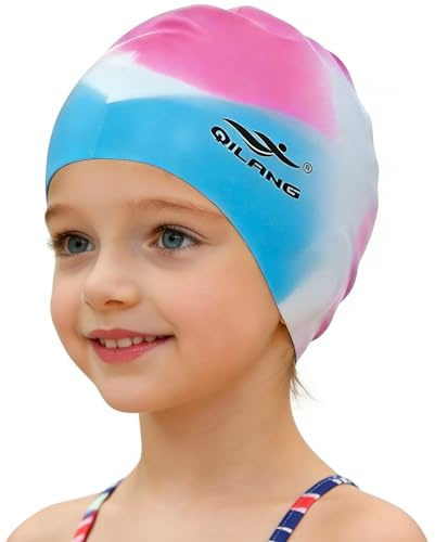Kids Swim Cap - 100% Silicone Waterproof Swimming Hat for Girls Boys Teen, Keeps Hair Dry, Soft & Comfortable for Long & Short Hair (Pink and Blue)