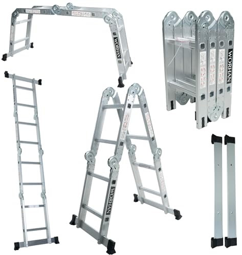 WORHAN 2.5m Escalera Multiuso Multifuncional Plegable Tijera Aluminio con 2 Estabilizadores Nueva Generación Calidad Alta KS2.5