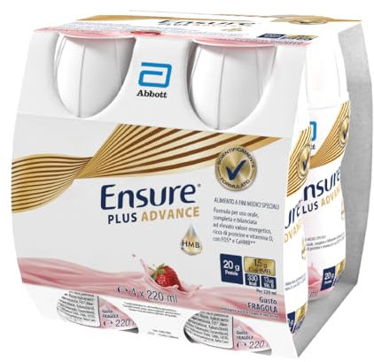 Ensure Plus Advance Supplemento Nutrizionale Ipercalorico ed Iperproteico |Formato bevanda| Alimento a fini medici speciali iperproteico| Confezione 4x220ml Gusto Fragola