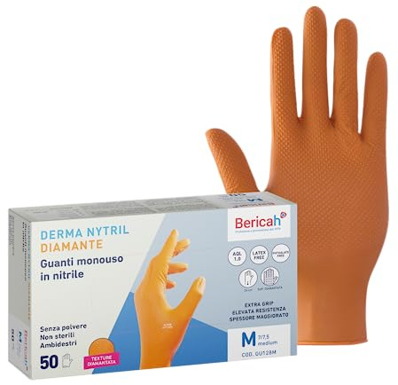 Bericah, Derma Nytril Diamante,Guanti in Nitrile, Senza Polvere, Taglia M, EXTRA GRIP, SPESSORE MAGGIORATO, Colore Arancione, 50 Pezzi