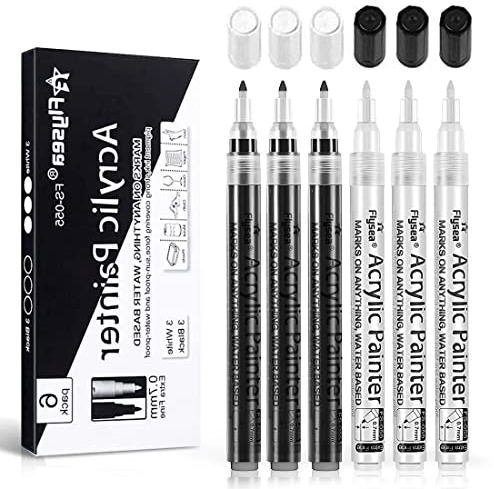 O-Kinee Premium Acrylstifte für Steine, 6 Pack 0.7 mm Wasserfest Acrylstifte Marker Stifte für Steine Holz Metall Leinwand Glas Papier Leder Keramik DIY Zeichnung (3 weiße und 3 schwarze)