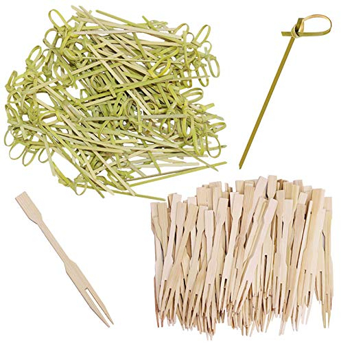 SourceTon - Confezione da 200 forchette in bambù e spiedini a nodo, con estremità intrecciate, per feste, banchetti, buffet, catering e cocktail, 8,9 cm