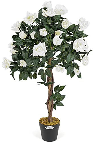 Christow Artificial Rose Tree Cream Flowers Twisted Wooden Trunk Potted Indoor Outdoor 3ft