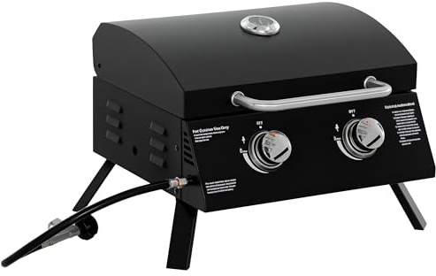 Outsunny 2 Burner Gas BBQ Grill Outdoor Portable Folding Tabletop Barbecue w/Lid, Thermometer, Carbon Steel, Black