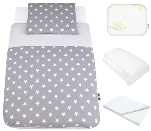 Babysanity Lenzuola Next To Me Compatibili 5 pezzi: Cuscino Neonato Federa Cuscino Piumino Copripiumino Lenzuolo Angoli per Culla Lettino Neonato Chicco Kinderkraft Cam Brevi OEKO-TEX (Stella G)