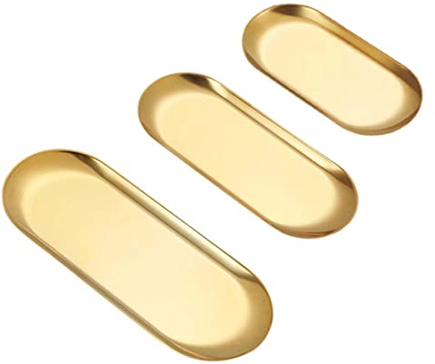 AGSYFFD 3PCS Gold Tablett Dekoratives Tablett aus Edelstahl Ovales goldenes Dekoratives Tablett für Desserts, Kerzen, Schmuck, Schlüssel