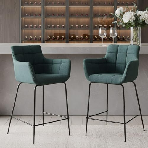 chairus Lot de 2 Tabourets de Bar avec Accoudoirs Modernes Chaise Fauteuil Haute en Tissu Tabourets de Comptoir pour Cuisine avec Repose-Pieds (Vert-2)