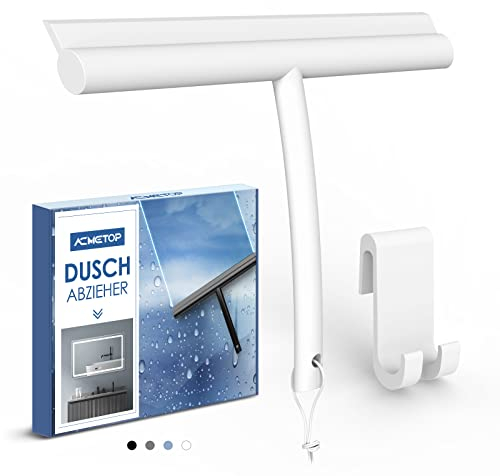 ACMETOP Duschabzieher Weiß, Abzieher Dusche mit Halter ohne Bohren, Duschabzieher Silikon 23,5 cm, Fensterabzieher für Dusche, Badezimmer, Spiegel, Glas-Reinigung, Streifenfreie