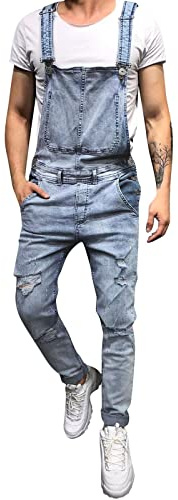 Mono de mezclilla para hombre, casual, ligero, ajustado, overol de vaquero azul, a la moda, ajuste holgado, estilo hip hop, vestido elegante, vintage, tirantes, B2-azul, L