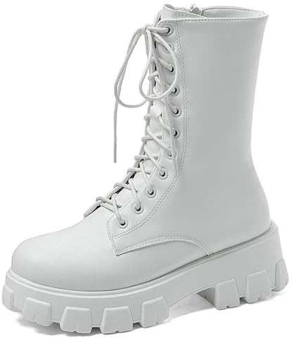 OALEEN Bottes Militaire Femme Hiver Lacet Talon Carré Bottine Combat Plateforme