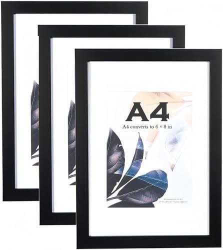 LATERN 3 Pezzi Cornici per Foto in Legno, A4 Cornici per Foto da Tavolo Cornici per Montaggio a Parete con Supporto e Tappetino per Esposizione di Foto, Poster, Certificati e Firme (Nero)