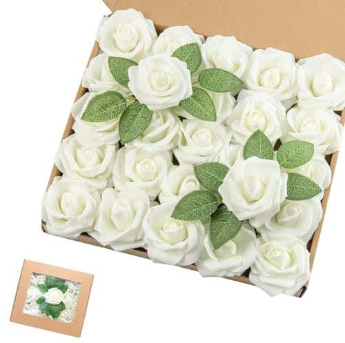 XINTANGXIA 25 Stück Künstliche Rosen Weiße Schaumrosen mit Stiel Kunstblumen für DIY Hochzeit Blumensträuße Braut Zuhause Dekoration
