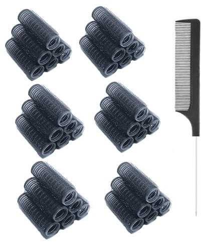 MOODKEY 36PCS Self Grip Small Hair Curlers Black Heatless Roller Hair Curlers Pro DIY Curly Hairstyle Hair Rollers Tools Rat Tail Comb for Women Medium Short Hair(0.6 x 2.4 Inch)