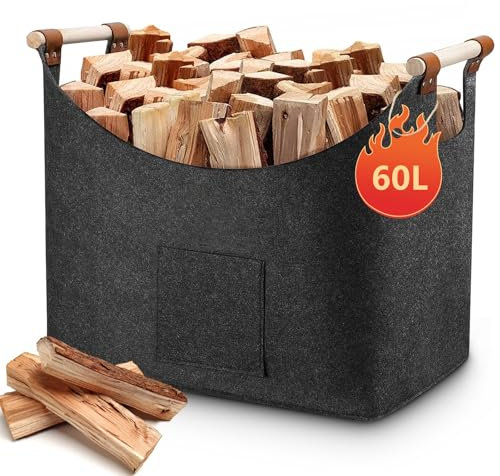 yuejuhe XL Panier à Bûches en Feutre Extra Épais, 60L Panier Bois Cheminée, Sac a Buches de Bois Pliable pour Transport et Stockage le Bois de Chauffage (Gris Foncé)