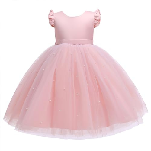 Flor Niña Vestidos para Bodas Dama de Honor Bowknot Tul Vestido Formal Vestido de Noche Primera Comunión Vestido Rosa 4-5 Años