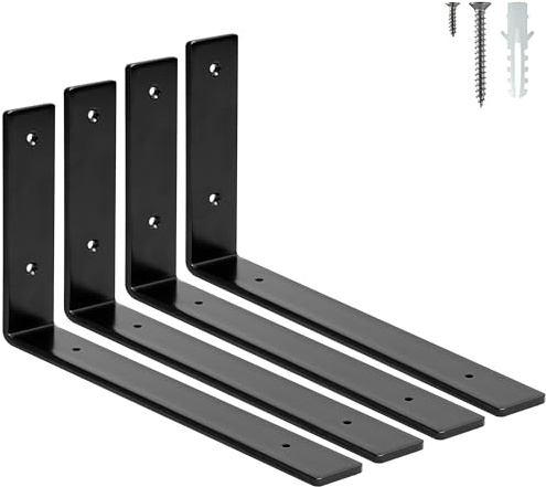ELSKER&HOME Shelf Brackets 12 Inch, 4 Pack Floating Shelf L Brackets for Shelves Support, Black Metal Heavy Duty Shelf Brackets for DIY Decorative