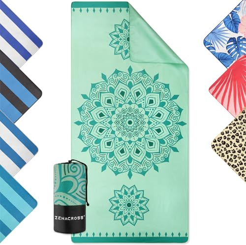 ZENACROSS - Serviette de Plage Microfibre - Séchage Rapide & Anti-Sable - Drap de Plage XXL 90x180 cm - Compacte & Légère - Serviette Piscine - Mandala Turquoise
