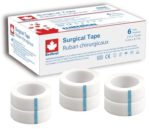 REDLEAF Ruban chirurgical en papier, bande adhésive médicale respirante pour premiers secours et pansements (5cm x 9,1m -6 rouleaux)