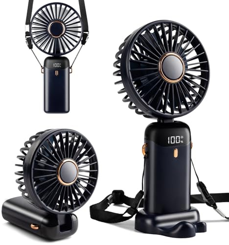 Pulselala Ventilador Mini Portátil, Recargable Tipo-C, con Batería 4000mAh, Pantalla Digital, Plegable 90°, 5 Velocidades, 3 en 1 (Mano/Cuello/Mesa) – Ideal para Maquillaje o Uso Diario (Azul Noche)