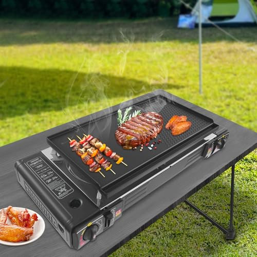 DAOHHFO Hornillo de camping de gas de 2 fuegos, hornillo de butano para camping con plancha y maletín de almacenamiento, con encendido piezoeléctrico, bajo consumo de gas (100 g/h), para exterior e
