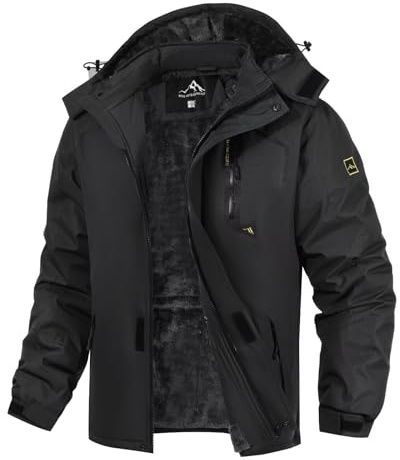 PrimeCrest Fleece Jacket Mens Hiking Waterproof Ski Parka Winter Windbreaker Tactical Work Military Jacket Warm Puffer Jacket with Hood Thermal Thick Snow Outdoor Coats Black L