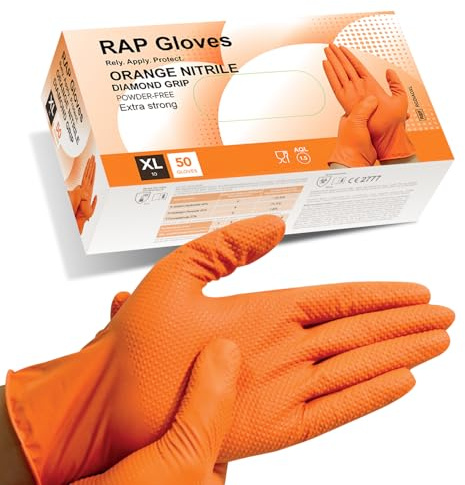 50 Orange Nitrile Disposable Gloves XL Heavy duty, Diamond Grip Gloves, Latex-Free, Powder-Free, Non-slip, Extra Thick – Ideal For Mechanics, Workshop, and Automotive use.