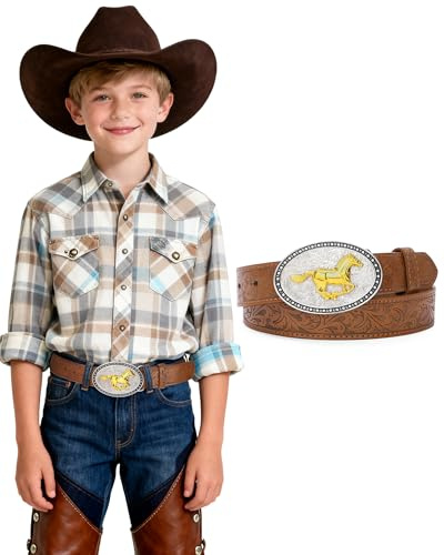 AWAYTR Kids Western Belt for Boys Girls - PU Leather Cowboy Belt Adjustable Toddler to Big Kid Sizes for Jeans (Horse Buckle-Brown, Fit Waist: 30.5-35)