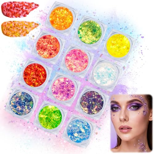 Kuvarix Glitter ansikte, glitterpulver med 12 färger, body glitter, fluorescerande färg, festtillbehör, festival tillbehör, halloween makeup för fester, karneval, maskbollar och gör-det-själv-projekt